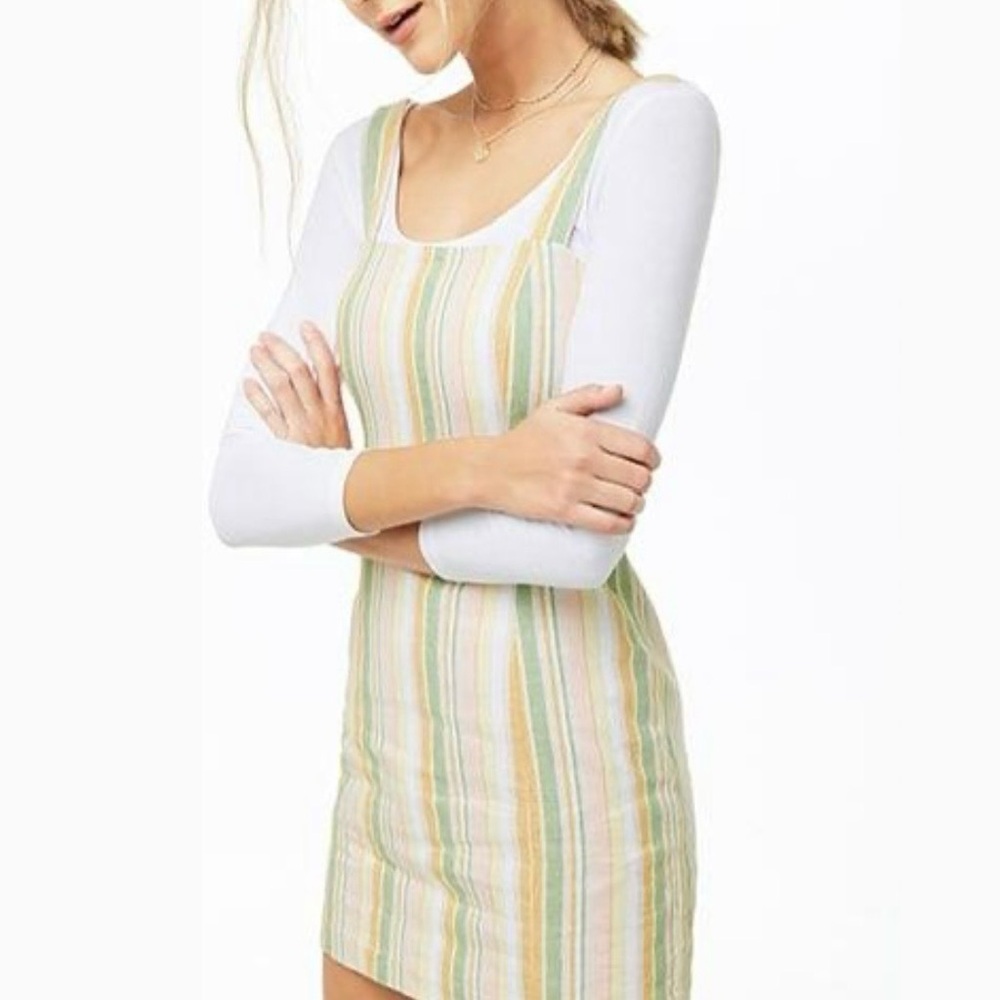 Forever 21 Pastel Stripe Linen Blend Pinafore Sleeveless Mini Dress size Large